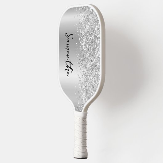 Silver Glittery Glam Shimmer Gradient Script Name Pickleball Paddle (Links)