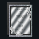 Silver Glittery Stiletto & Streamers 18th Birthday Magnetische Uitnodiging<br><div class="desc">Mooie glittery Silver elegant, op maat gemaakt / aangepast op maat gemaakt voor de viering van een 18de verjaardag van magnetisch feestelijkheden voor vrouwen en meisjes. Een verbluffend ontwerp van een zilveren glittergrens met een zwarte binnenste textuurgrens en een zilvergradiënt papier met een donkere afbeelding. Linksonder bevindt zich een stiletto...</div>