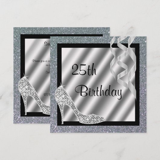 Silver Glittery Stiletto & Streamers 25th Birthday Kaart (Voorkant / Achterkant)