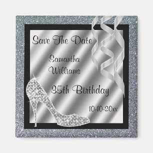 Silver Glittery Stiletto & Streamers 35th Birthday Magneet