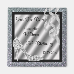 Silver Glittery Stiletto & Streamers 45th Birthday Magneet