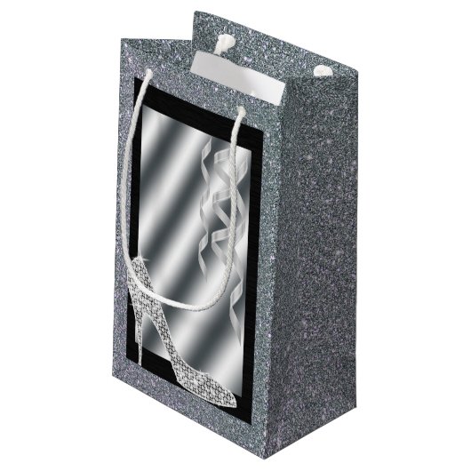 Silver Glittery Stiletto & Streamers 50th Birthday Klein Cadeauzakje (Achterkant Gekanteld)