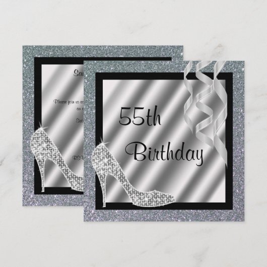 Silver Glittery Stiletto & Streamers 55th Birthday Kaart (Voorkant / Achterkant)