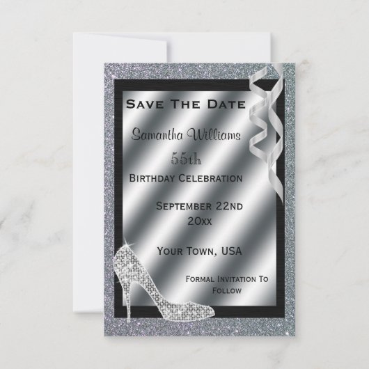 Silver Glittery Stiletto & Streamers 55th Birthday Save The Date (Achterkant)