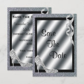 Silver Glittery Stiletto & Streamers 55th Birthday Save The Date (Voorkant / Achterkant)