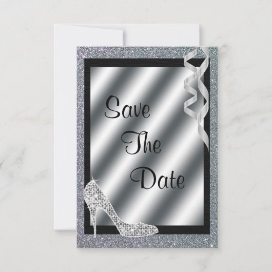 Silver Glittery Stiletto & Streamers 60th Birthday Save The Date (Voorkant)
