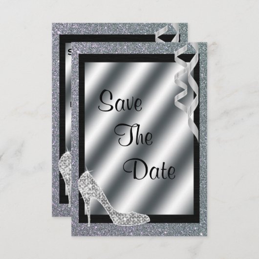 Silver Glittery Stiletto & Streamers 60th Birthday Save The Date (Voorkant / Achterkant)