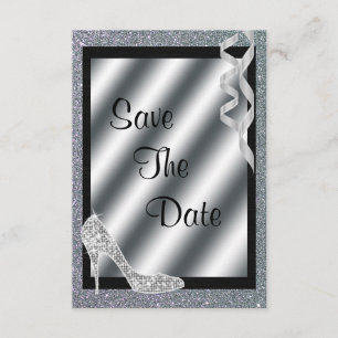 Silver Glittery Stiletto & Streamers 65th Birthday Save The Date