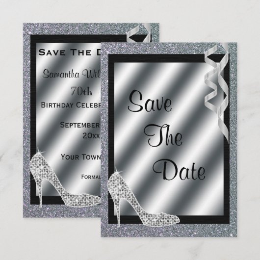 Silver Glittery Stiletto & Streamers 70th Birthday Save The Date (Voorkant / Achterkant)
