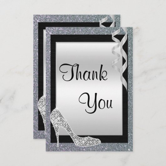 Silver Glittery Stiletto & Streamers Hartelijk dan Bedankkaart (Voorkant / Achterkant)