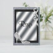 Silver Glittery Stiletto & Streamers RSVP Kaartje (Staand voorkant)