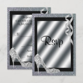 Silver Glittery Stiletto & Streamers RSVP Kaartje (Voorkant / Achterkant)