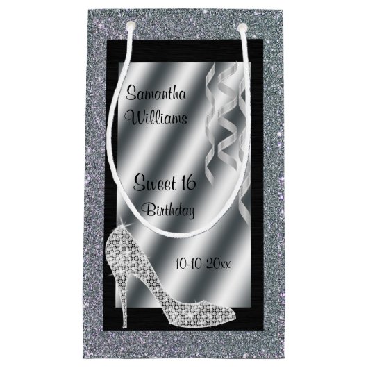 Silver Glittery Stiletto & Streamers Sweet 16 Klein Cadeauzakje (Voorkant)