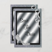 Silver Glittery Stiletto & Streamers Sweet 16 Save The Date (Voorkant / Achterkant)