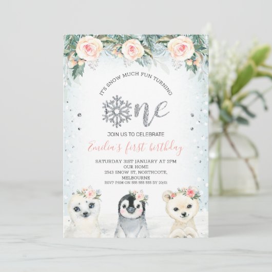 Silver Glittler One Winter Animals 1st Birthday Kaart (Staand voorkant)