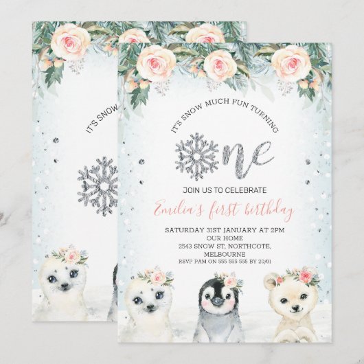 Silver Glittler One Winter Animals 1st Birthday Kaart (Voorkant / Achterkant)