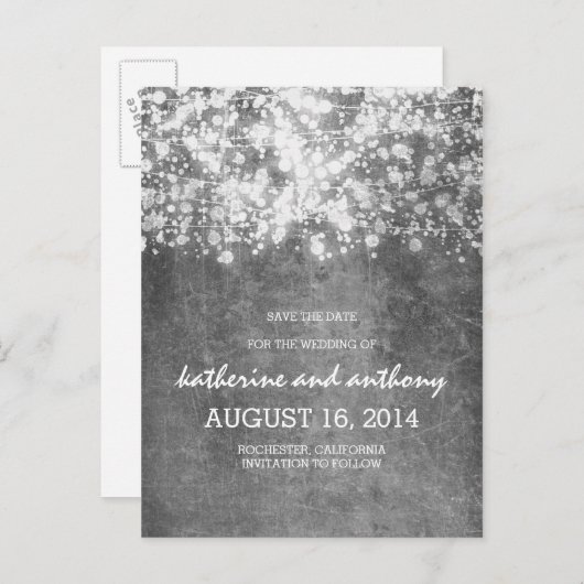 Silver Glitz String Lights Sla de datum op Aankondigingskaart (Voorkant / Achterkant)