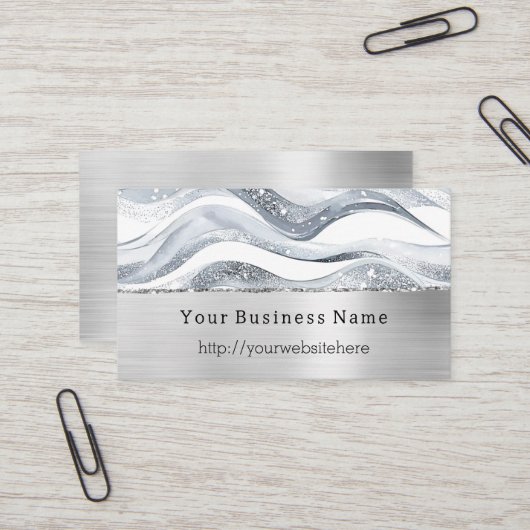 Silver Glitzy Waves Stripes Business name website Visitekaartje (Voorkant / Achterkant in situ)