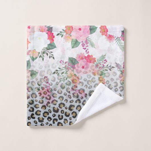 Silver Gold Black leopard Print Pink Flowers Bad Handdoek (Wasdoekje)