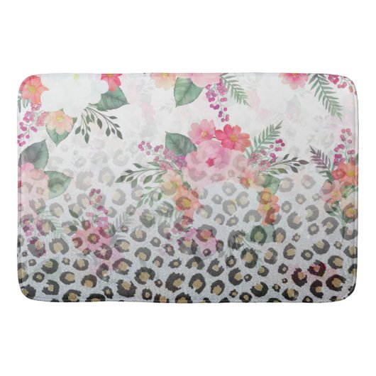 Silver Gold Black leopard Print Pink Flowers Badmat (Voorkant)
