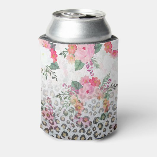 Silver Gold Black leopard Print Pink Flowers Blikjeskoeler (Blikje Achterkant)