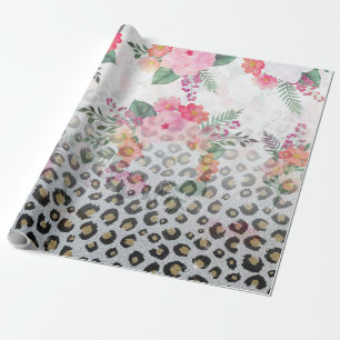 Silver Gold Black leopard Print Pink Flowers Cadeaupapier