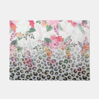Silver Gold Black leopard Print Pink Flowers Deurmat