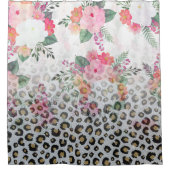 Silver Gold Black leopard Print Pink Flowers Douchegordijn (Voorkant)