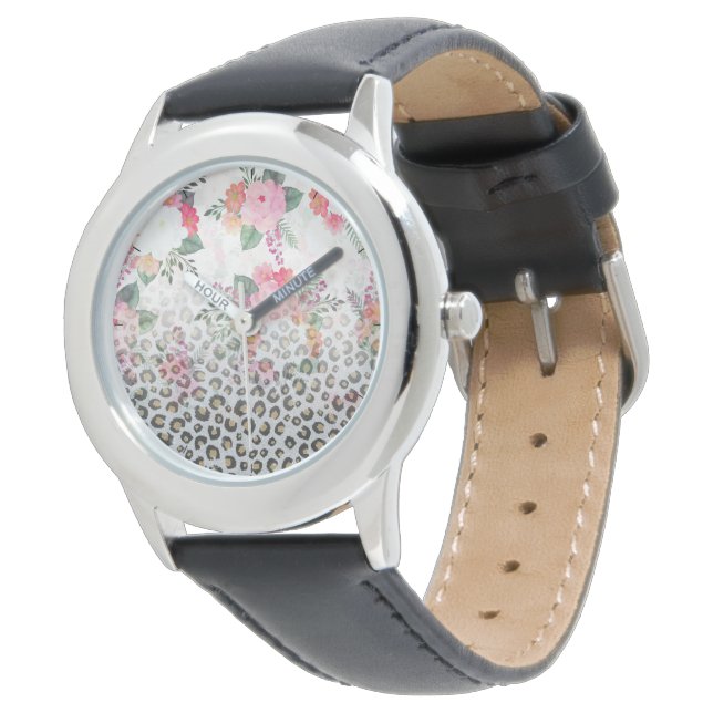 Silver Gold Black leopard Print Pink Flowers Horloge (Gekanteld)
