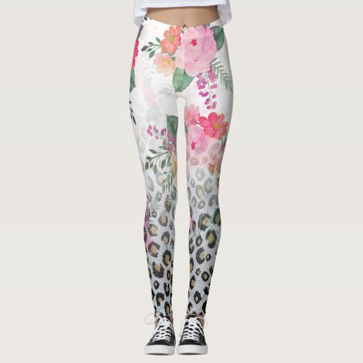 Silver Gold Black leopard Print Pink Flowers Leggings (Voorkant)