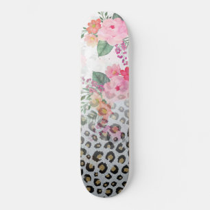 Silver Gold Black leopard Print Pink Flowers Persoonlijk Skateboard