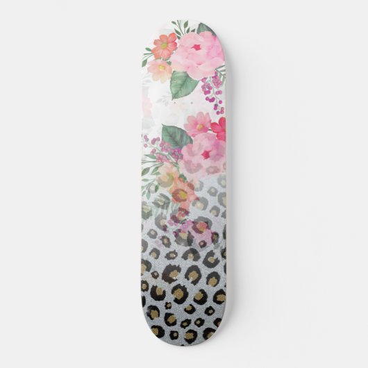 Silver Gold Black leopard Print Pink Flowers Persoonlijk Skateboard (Voorkant)