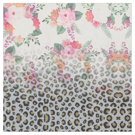 Silver Gold Black leopard Print Pink Flowers Stof (Close Up)