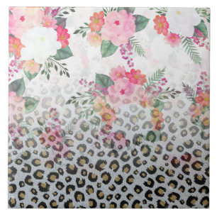 Silver Gold Black leopard Print Pink Flowers Tegeltje