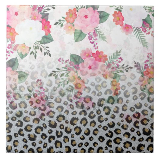 Silver Gold Black leopard Print Pink Flowers Tegeltje (Voorkant)