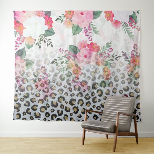 Silver Gold Black leopard Print Pink Flowers Wandkleed (In Situ (horizontaal))