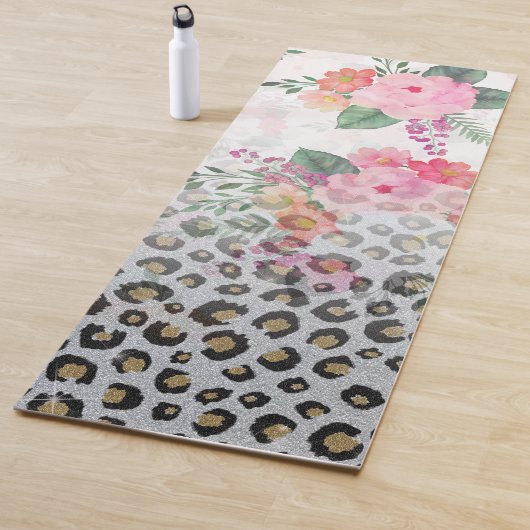 Silver Gold Black leopard Print Pink Flowers Yogamat (In situ)