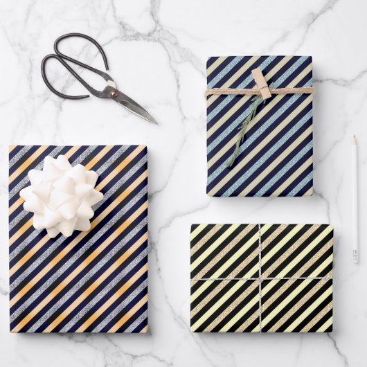 Silver, Gold Blue Glitter Stripe Festive Kerstmis Inpakpapier Vel (Voorkant)