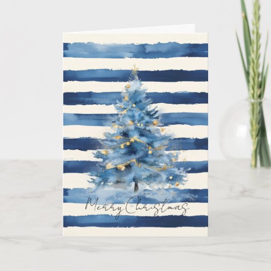Silver Gold Blue Stripes Christmas Tree   Kaart (Voorkant)