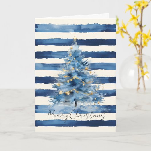 Silver Gold Blue Stripes Christmas Tree Kaart (Gele Bloem)