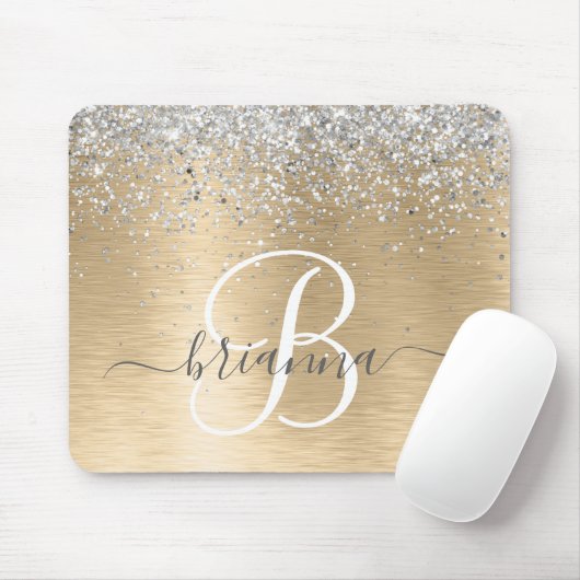 Silver Gold Brushed Metal Glitter Monogram Naam Muismat (Met muis)