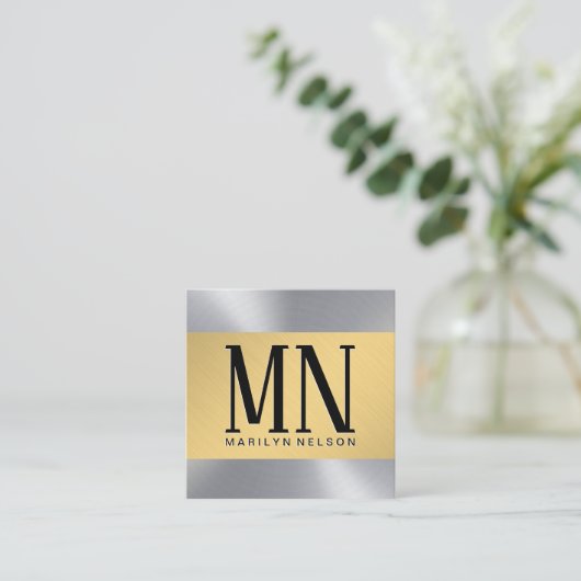 Silver Gold Brushed Metallic | Monogram Vierkante Visitekaartje (Staand voorkant)