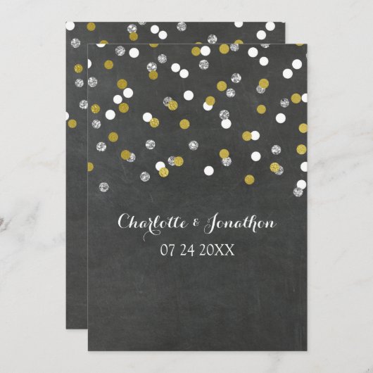 Silver Gold Chalkboard Confetti Wedding Invitation Kaart (Voorkant / Achterkant)
