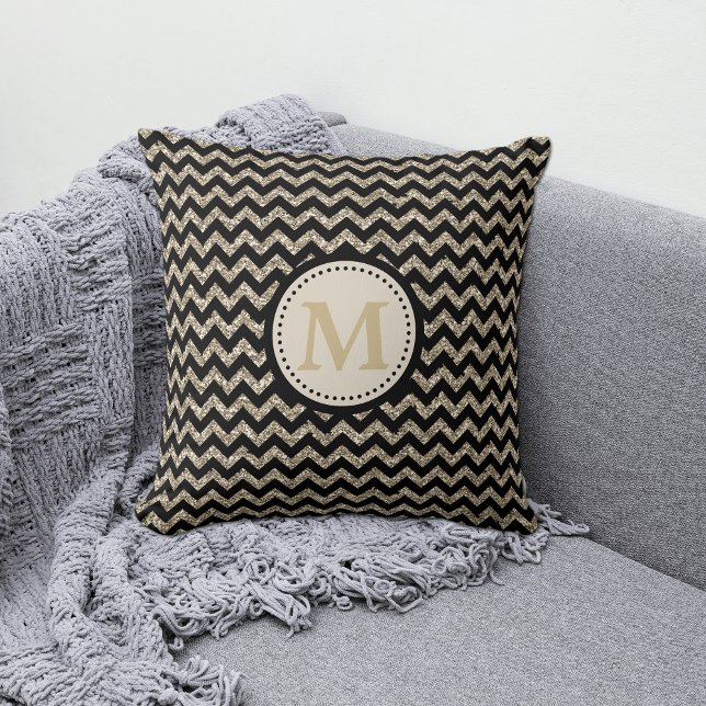 Silver Gold Chevron Glitter Monogram Kussen (Creator heeft geüpload)
