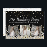 Silver Gold Confetti Photo Collage 21st Birthday Kaart<br><div class="desc">Elegant aangepast verjaardagsontwerp met gouden en zilveren confetti op een zwarte achtergrond,  moderne scripttypografie met de woorden "Happy 21st Birthday",  jouw naam en geboortedatum (in zilver) en drie van uw favoriete foto's omgeven in metallic zilverfolie. Pas het met uw partijdetails op de rug van de uitnodiging aan.</div>