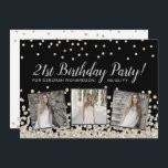 Silver Gold Confetti Photo Collage 21st Birthday Kaart<br><div class="desc">Elegant aangepast verjaardagsontwerp met gouden en zilveren confetti op een zwarte achtergrond,  moderne scripttypografie met de woorden "Happy 21st Birthday",  jouw naam en geboortedatum (in zilver) en drie van uw favoriete foto's omgeven in metallic zilverfolie. Pas het met uw partijdetails op de rug van de uitnodiging aan.</div>