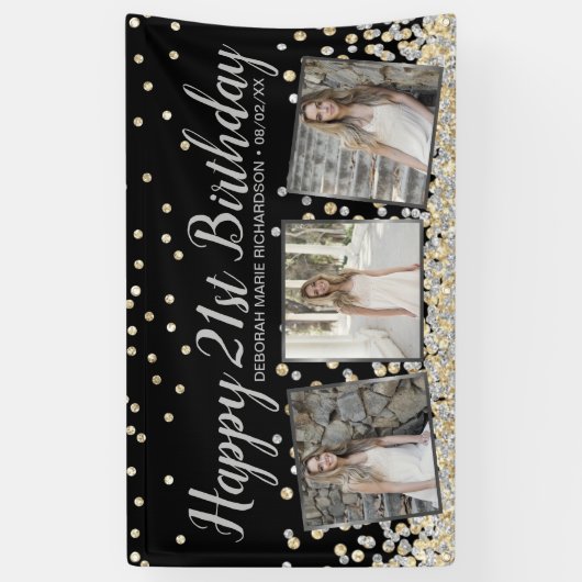 Silver Gold Confetti Photo Collage 21st Birthday Spandoek (Verticaal)