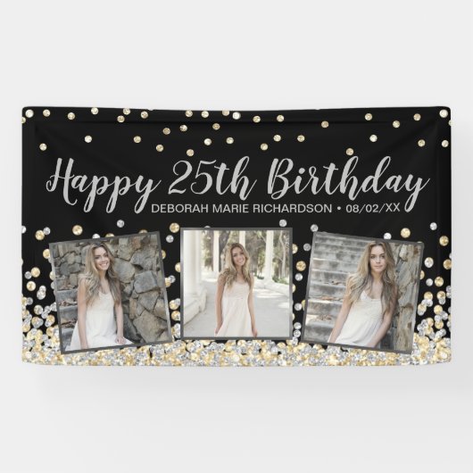 Silver Gold Confetti Photo Collage 25th Birthday Spandoek (Horizontaal)