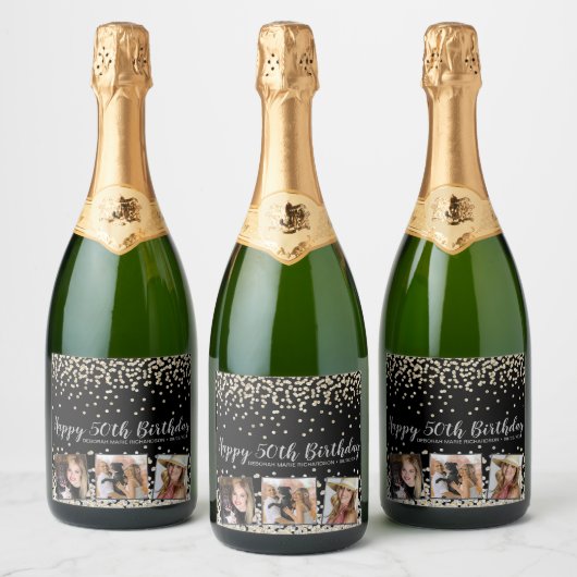 Silver Gold Confetti Photo Collage 50e verjaardag Sparkling Wijnetiket (Flessen)
