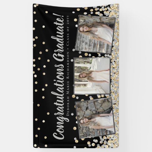 Silver Gold Confetti Photo Collage Afstuderen Spandoek (Verticaal)